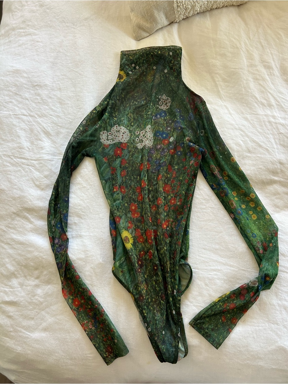 Zara Green Floral Garden Print Mesh Bodysuit